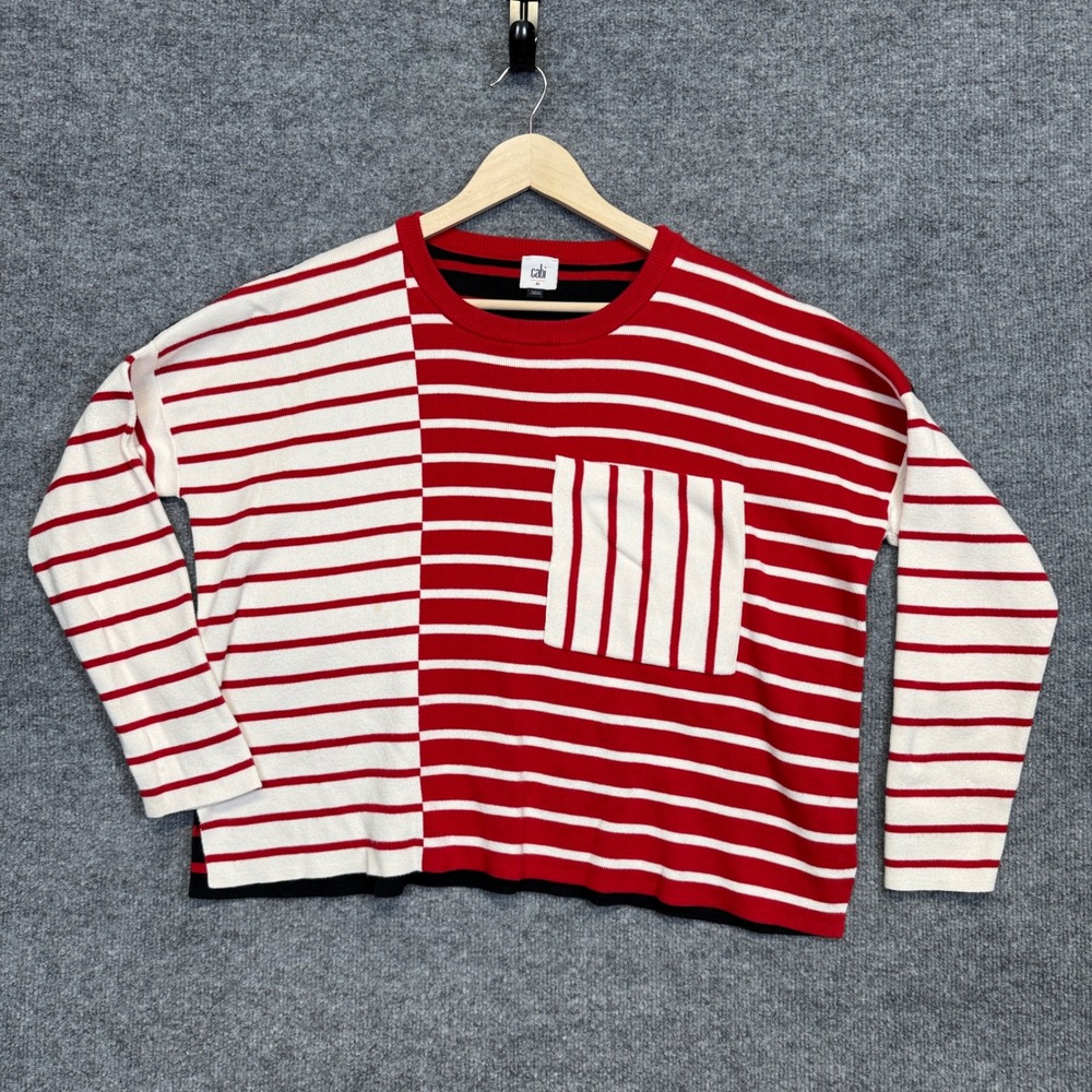Cabi Size Medium Sweater Red White Mix Striped Cotton Blend Pullover Boxy Preppy